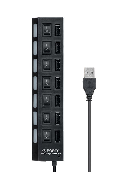 High Speed USB 2.0 7-Port Hub With Independent Switch Black