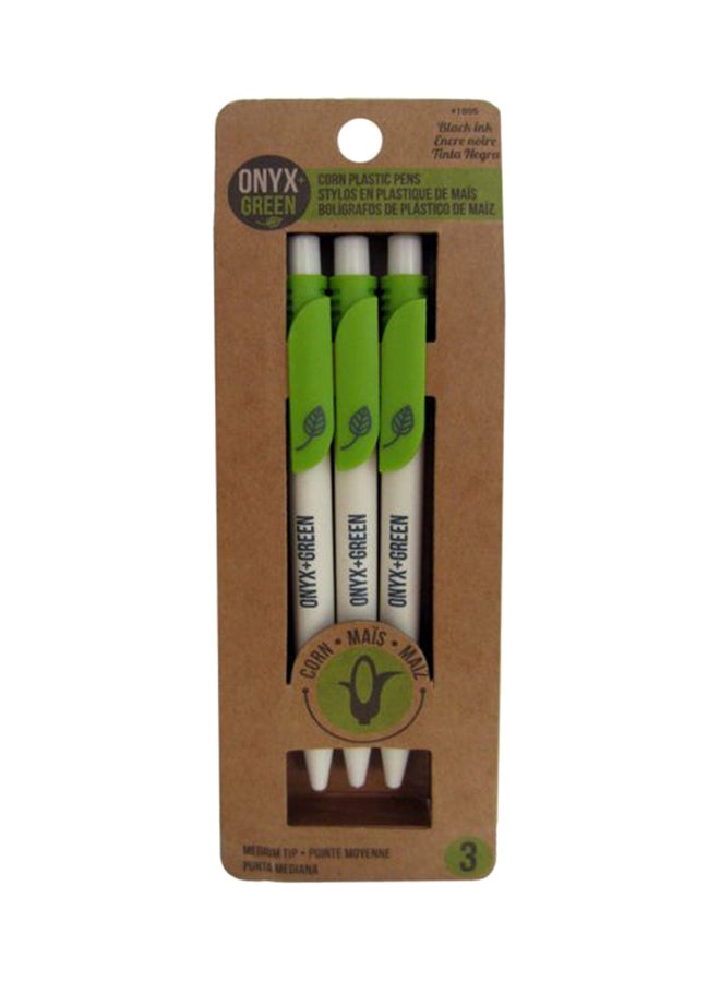 عبوة من 3 أقلام حبر جاف من البلاستيك الصديق للبيئة برأس كروي قابل للسحب أبيض/أخضر