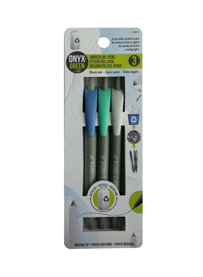 عبوة أقلام جِل أسود مصنوعة من علب الحليب المعاد تدويرها في عبوة صديقة للبيئة تحوي 3 أقلام رمادي/أزرق/أخضر