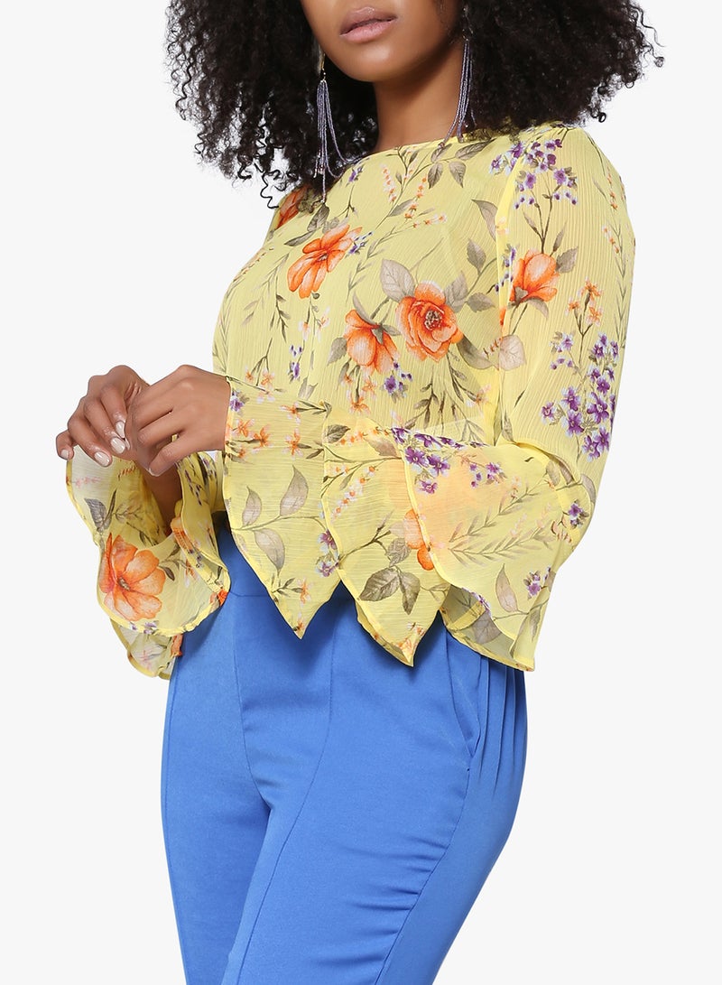 FOREVER 21 Floral Print Bell Sleeve Top Yellow  - Image 1