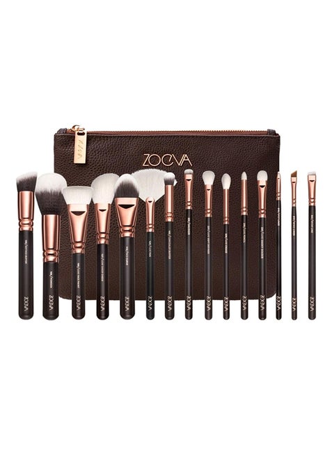 15-Piece Vol. 1 Face And Eye Makeup Brush Multi Use Set Brown/Rose Gold/Black