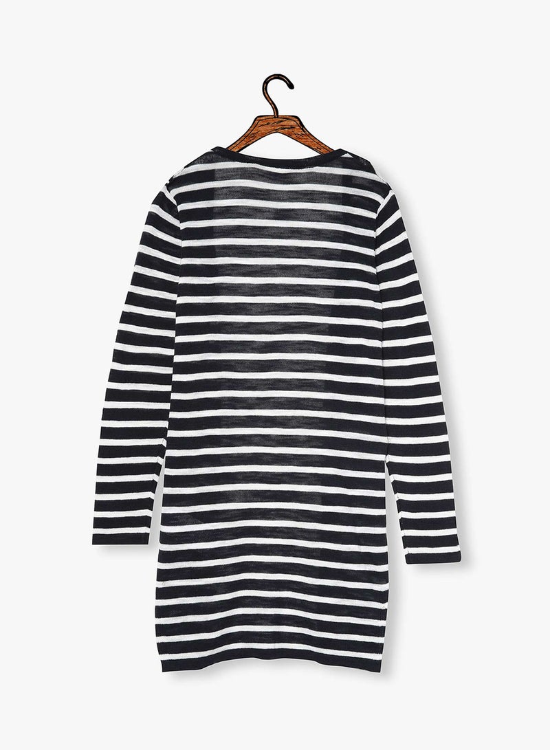 Striped Long Sleeve Cardigan Navy Blue