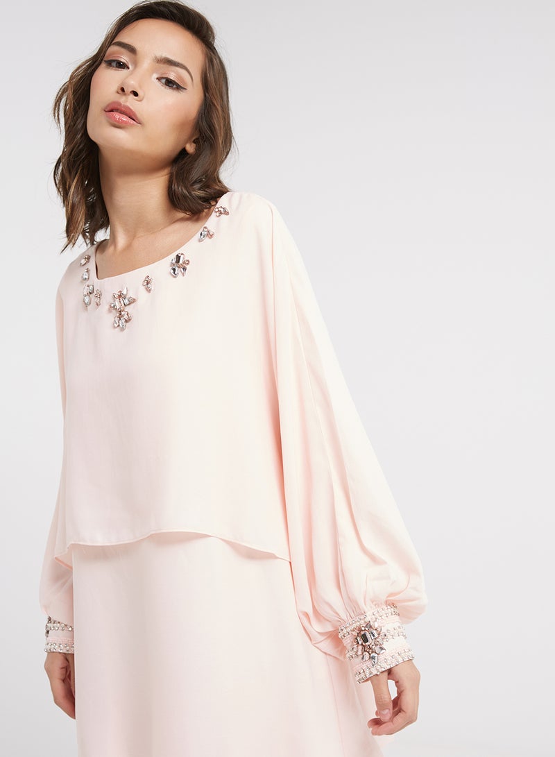 ANOTAH Embellished Trim Overlay Dress Pink - Image 3