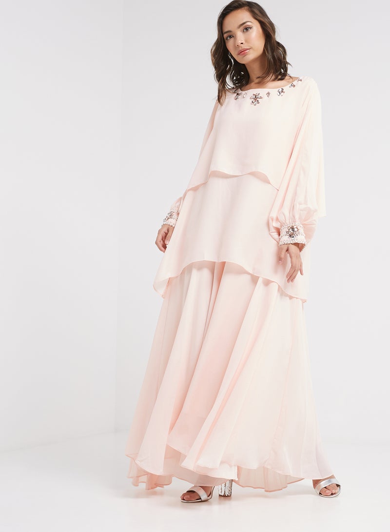 ANOTAH Embellished Trim Overlay Dress Pink - Image 1