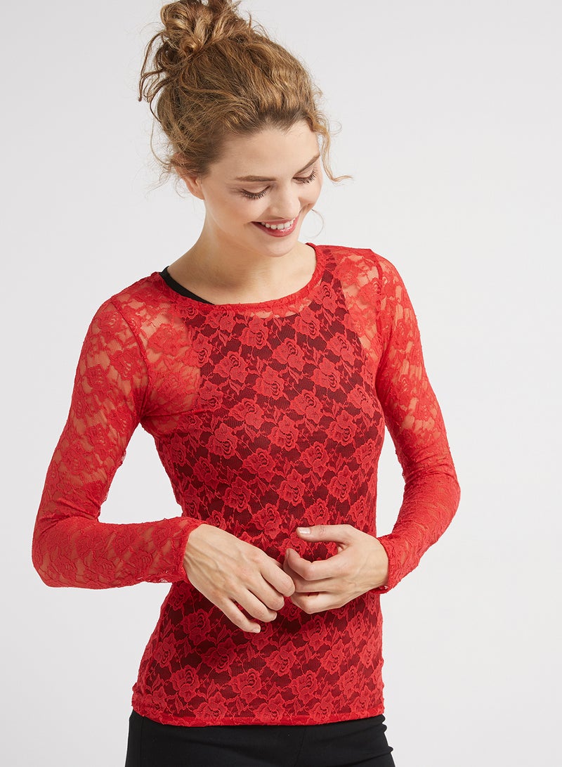 Golden Apple Long Sleeve Stretch Lace Blouse Red - Image 1
