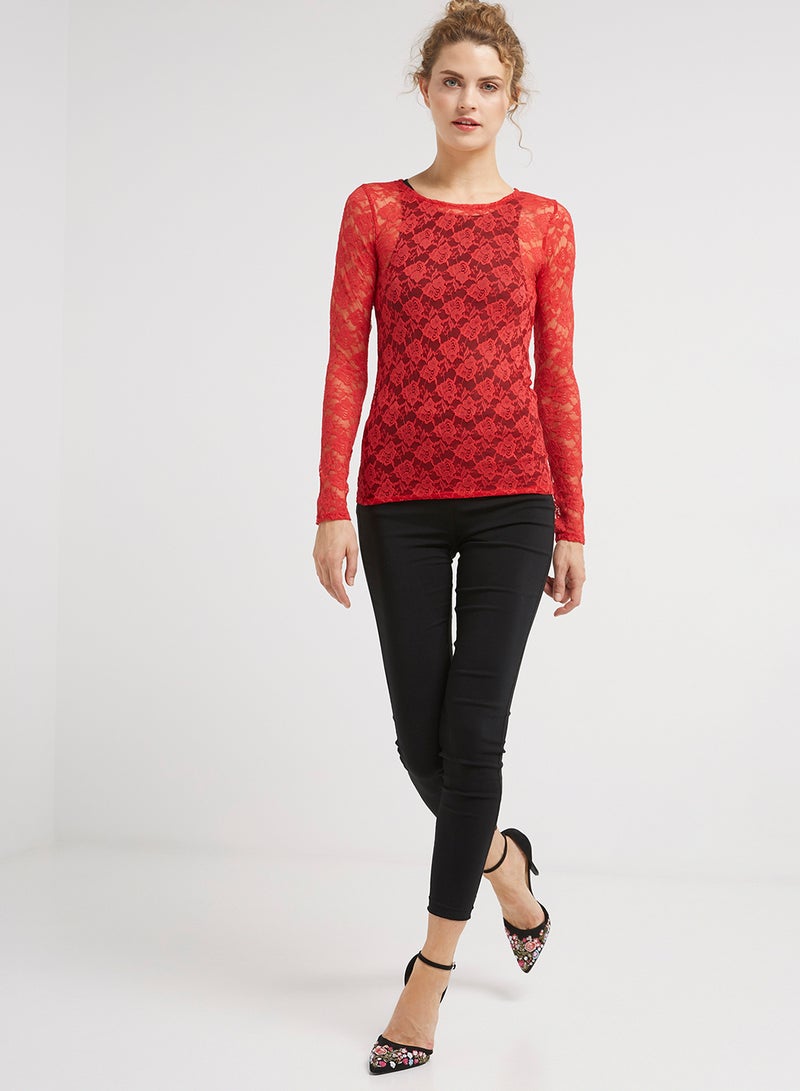 Golden Apple Long Sleeve Stretch Lace Blouse Red - Image 3