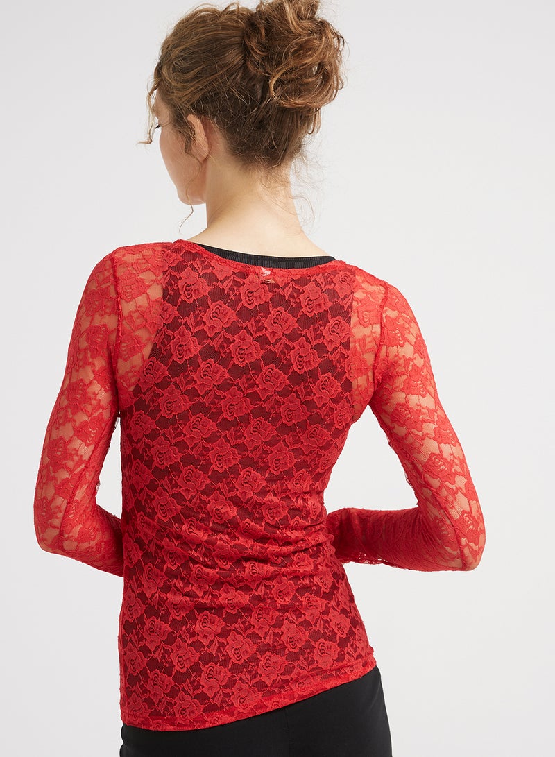 Golden Apple Long Sleeve Stretch Lace Blouse Red - Image 2
