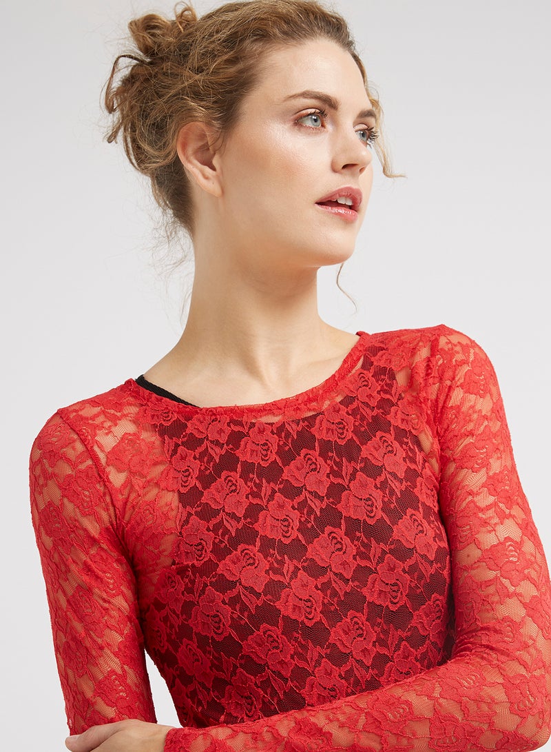 Golden Apple Long Sleeve Stretch Lace Blouse Red - Image 4