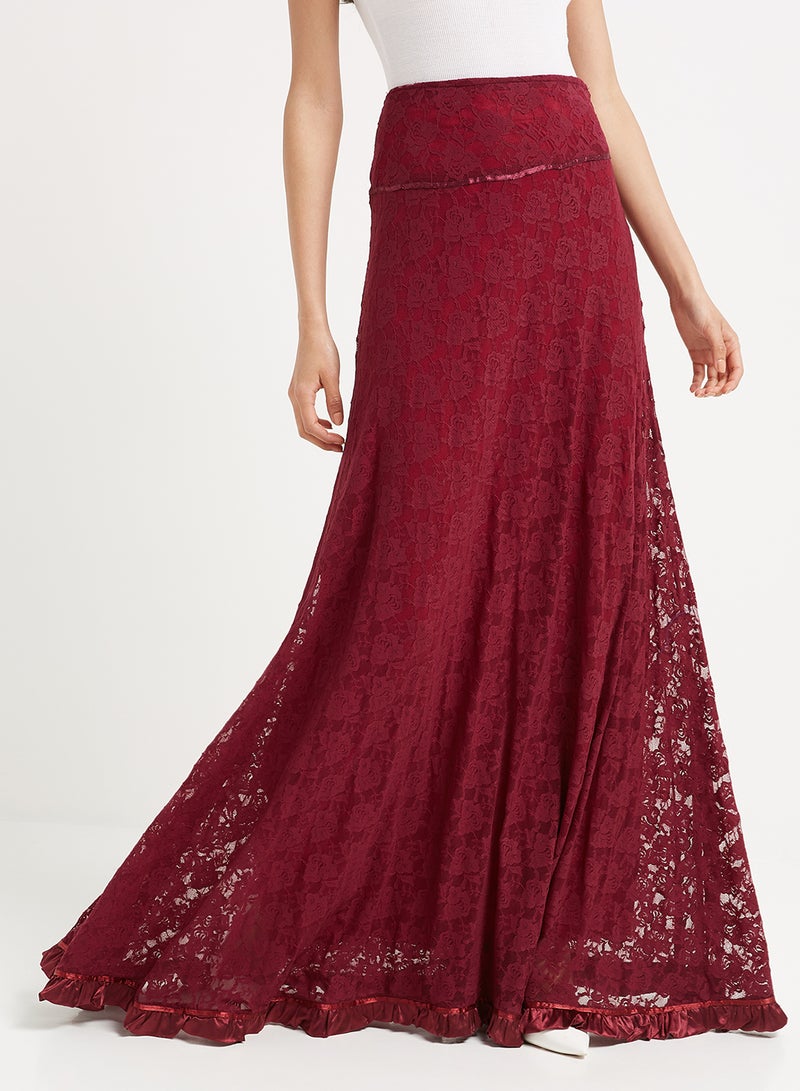 Golden Apple - Plain Lace Long Skirt Maroon - Image 1