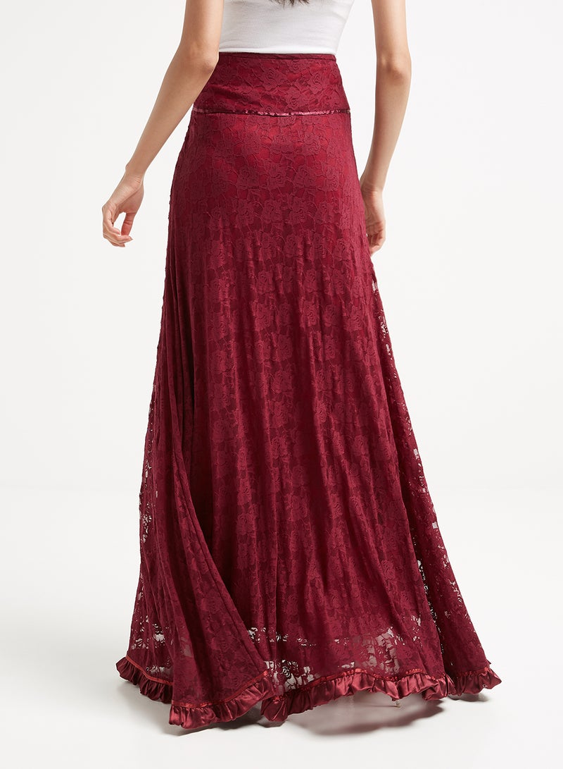 Golden Apple - Plain Lace Long Skirt Maroon - Image 1