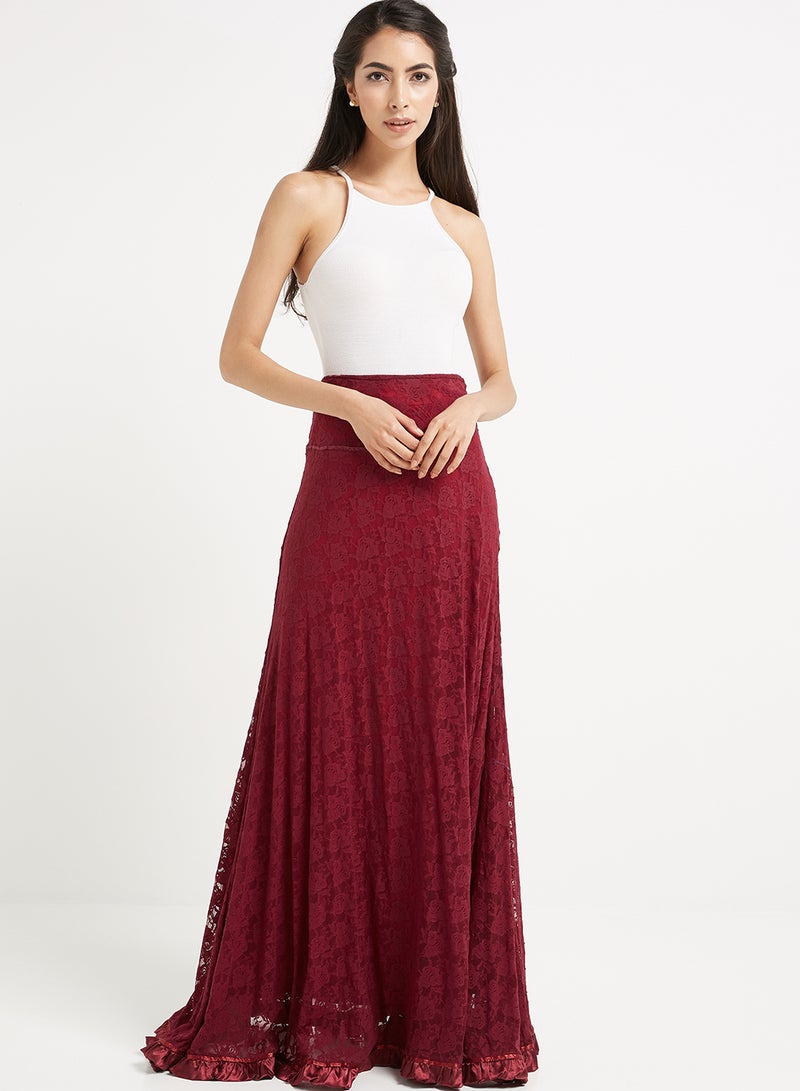 Golden Apple - Plain Lace Long Skirt Maroon - Image 1