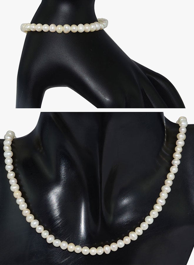 Vera Perla - 10 Karat Gold Pearl Strand Necklace And Elastic Bracelet Set - Image 1