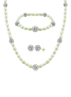 10K Gradual Crystal Balls And Pearls Strand Jewellery Set