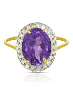 18K Gold Genuine Diamond Oval Cut Amethyst Ring 0.12 Carat