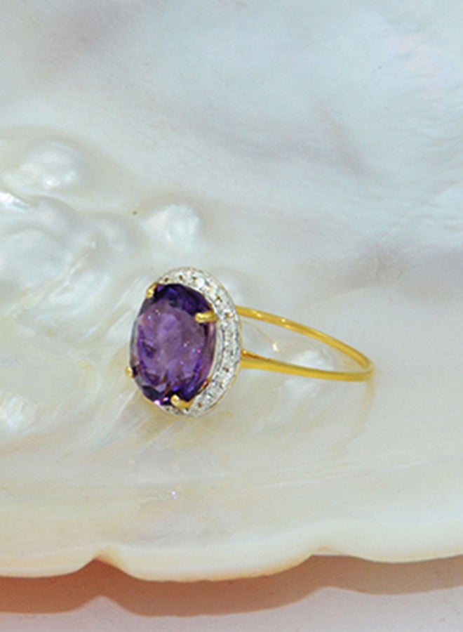 Vera Perla - 18K Gold Genuine Diamond Oval Cut Amethyst Ring 0.12 Carat - Image 1