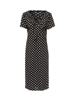 Vintage V-Neck Bowknot Short Sleeve Polka Dot Dress Black/White