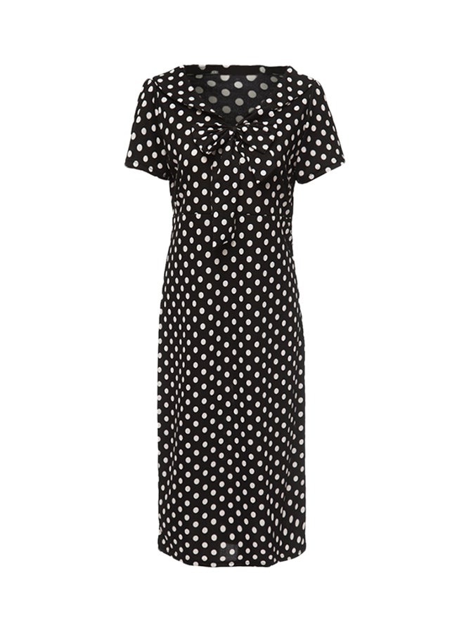 Generic - Vintage V-Neck Bowknot Short Sleeve Polka Dot Dress Black/White - Image 1