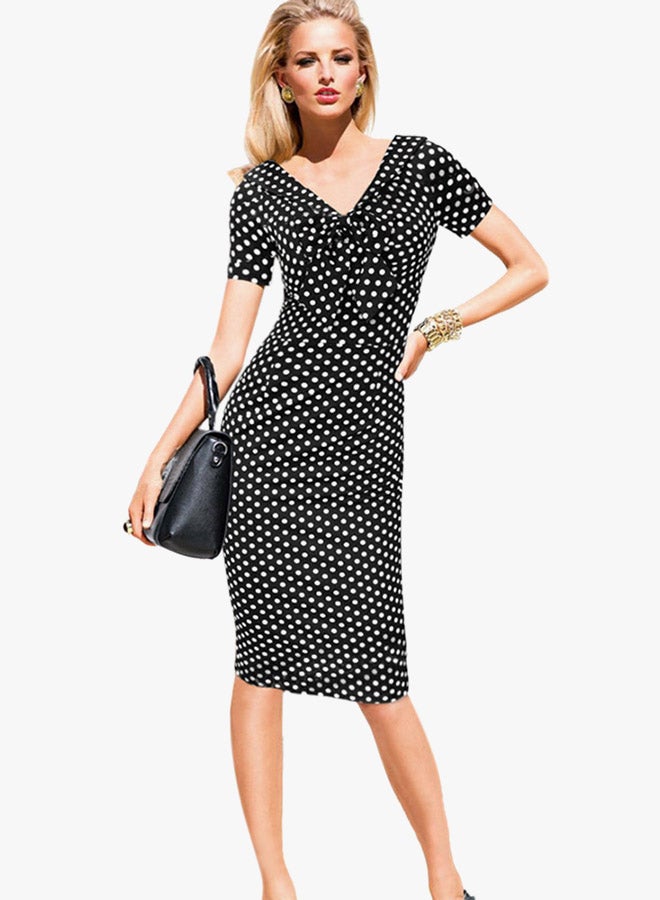 Generic - Vintage V-Neck Bowknot Short Sleeve Polka Dot Dress Black/White - Image 1