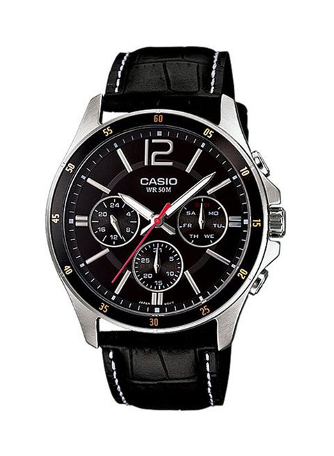 Men's Water Resistant Leather BAnd Analog Watch MTP-1374L-1ADF - 47 mm - Black