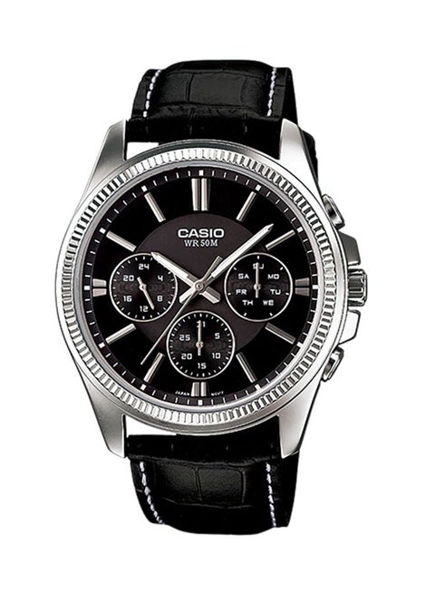 Men's Water Resistant Leather Chronograph Watch MTP-1375L-1ADF - 42 mm - Black