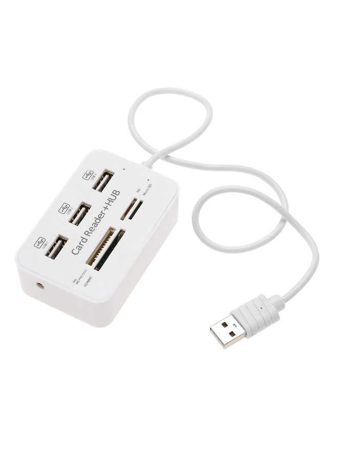 موزع USB 2.0 بثلاثة منافذ مع محول قارئ بطاقات أبيض