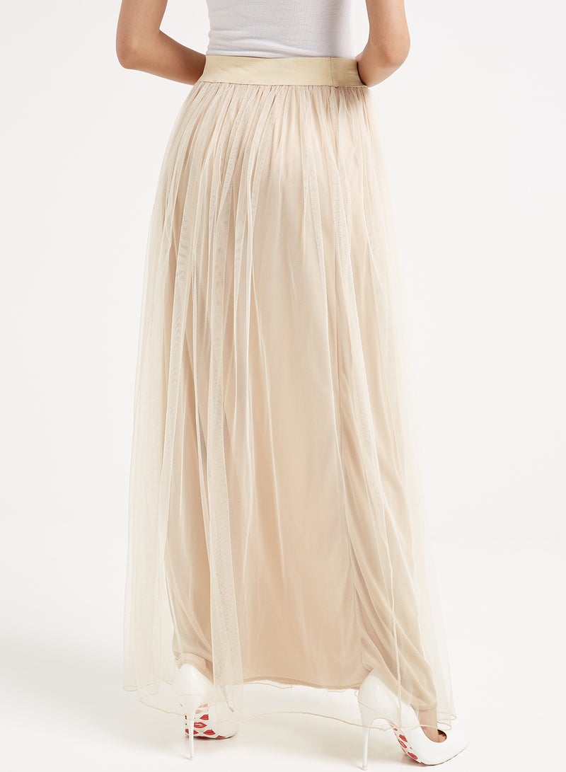 Golden Apple - Plain Net Maxi Skirt Beige - Image 1
