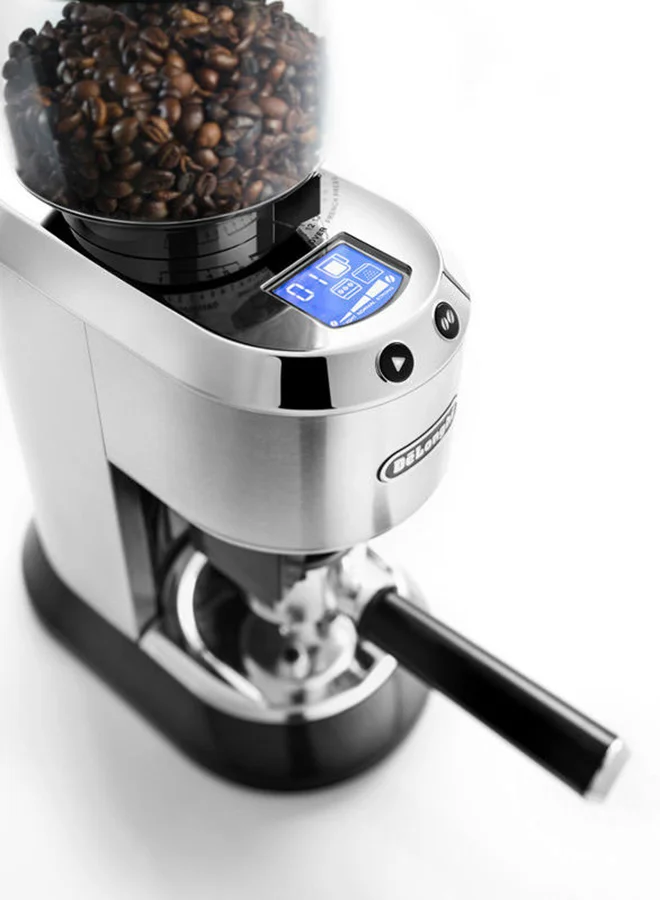 De'Longhi Dedica Pump Style Coffee Grinder With Large Bean Hoper , Burr Grinding System 14 Cups Capacity 150 W KG521.M Dedica Silver/Clear/Black