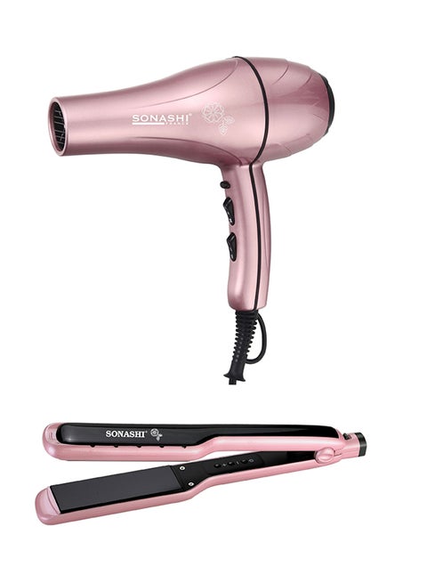 2-Piece Hair Dryer And Wet & Dry Ceramic Hair Straightener Flat Iron Set SHD-3046 + SHS-2059RG Bundle Rose Gold