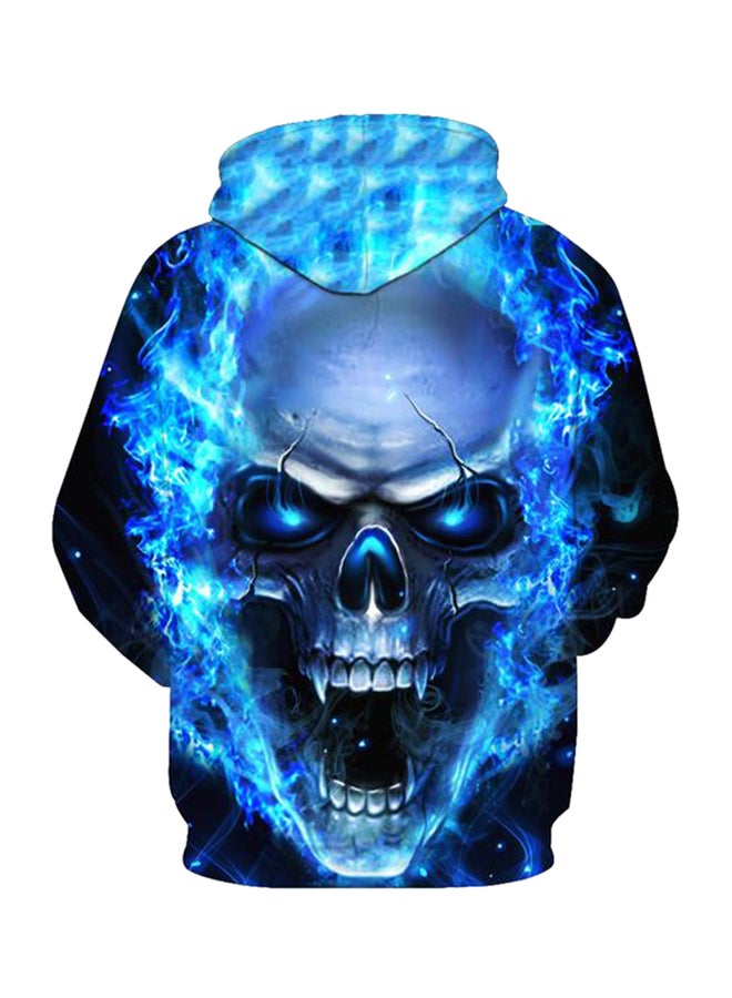 Fiery Skull Design Cotton Blend Hoodie Blue - Image 2