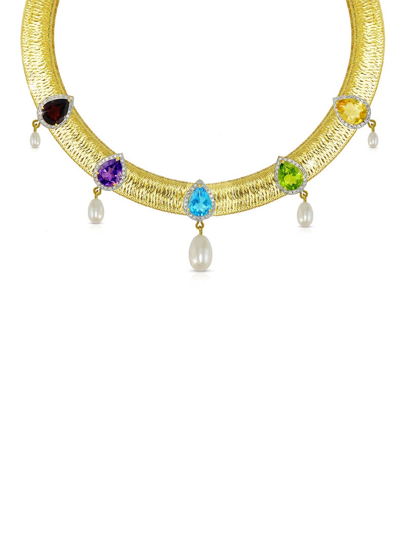 Vera Perla 18 Karat Solid 0.64 ct Gold Genuine Diamonds And Multi Gemstones With Pearls Mesh Necklace  - Image 1