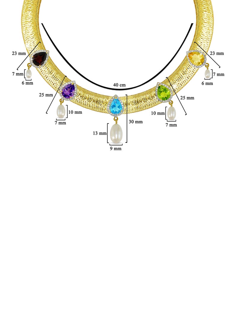 Vera Perla 18 Karat Solid 0.64 ct Gold Genuine Diamonds And Multi Gemstones With Pearls Mesh Necklace  - Image 2