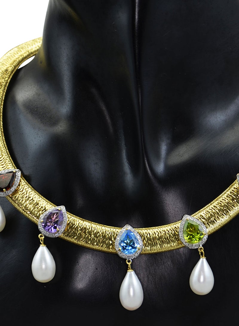 Vera Perla 18 Karat Solid 0.64 ct Gold Genuine Diamonds And Multi Gemstones With Pearls Mesh Necklace  - Image 3