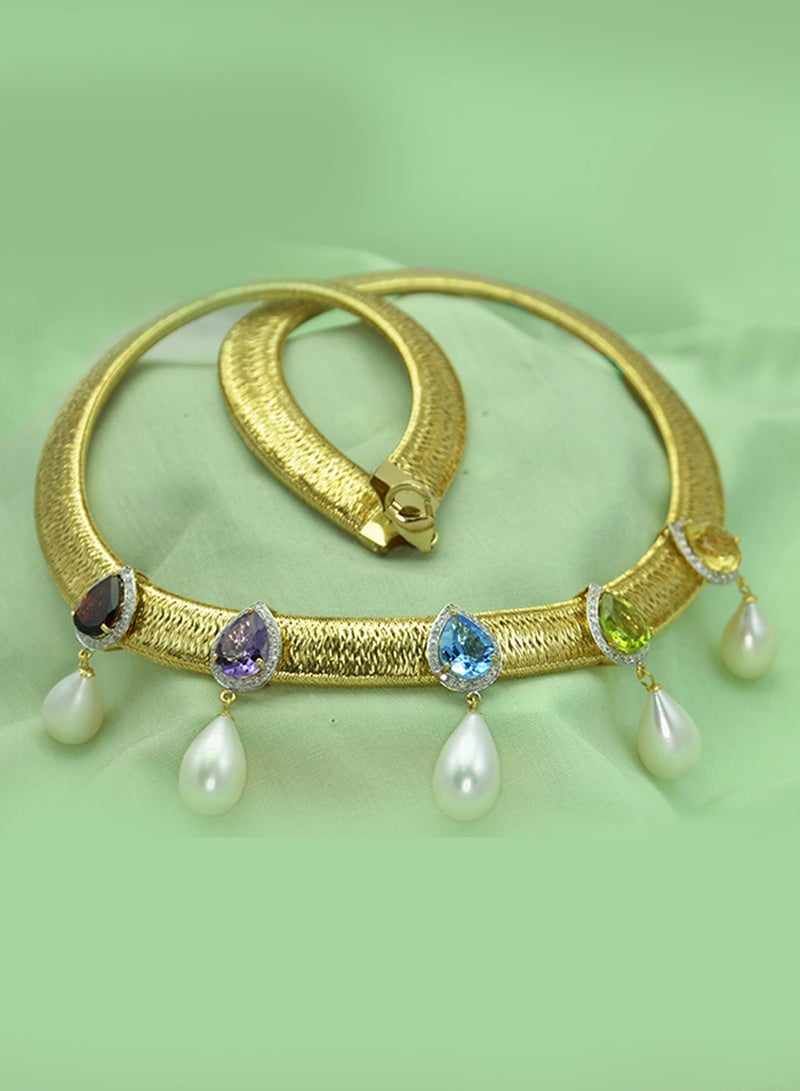 Vera Perla 18 Karat Solid 0.64 ct Gold Genuine Diamonds And Multi Gemstones With Pearls Mesh Necklace  - Image 4