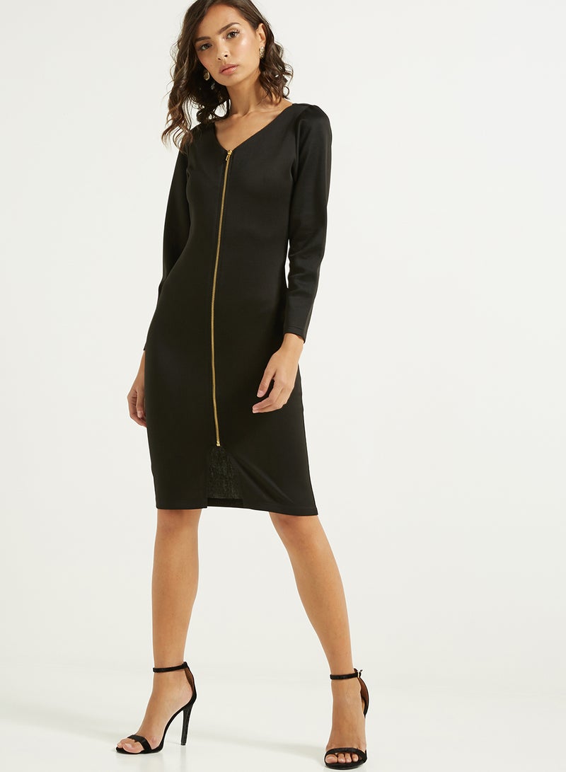 Golden Apple Front Zipper Midi Dress Black  - Image 1