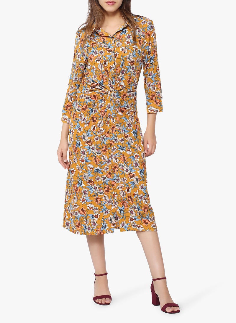 Stock - Mustard Floral Knotted Shirt Dress Yellow - Image 1
