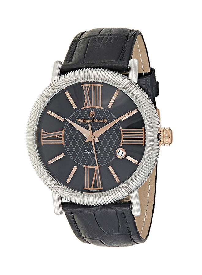 Philippe Moraly Men's Water Resistant Leather Strap Analog Wrist Watch L1371CRBB - 44 mm - Black - Image 1