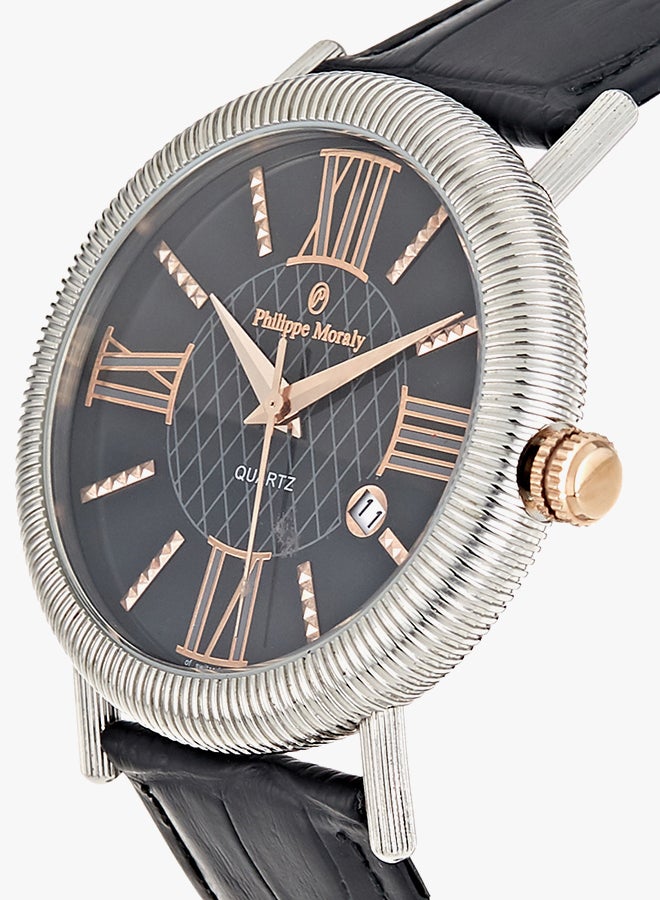 Philippe Moraly Men's Water Resistant Leather Strap Analog Wrist Watch L1371CRBB - 44 mm - Black - Image 3