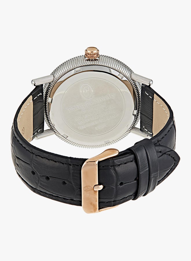 Philippe Moraly Men's Water Resistant Leather Strap Analog Wrist Watch L1371CRBB - 44 mm - Black - Image 2