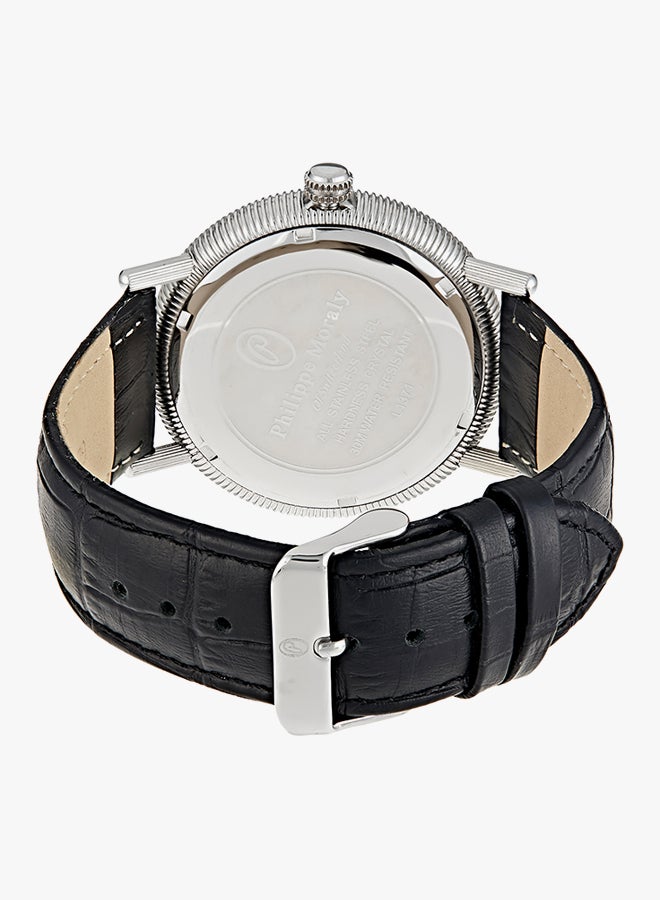 Philippe Moraly Men's Water Resistant Leather Strap Analog Wrist Watch L1371WBB - 44 mm - Black - Image 2