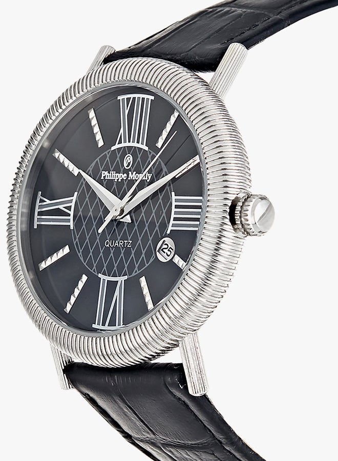 Philippe Moraly Men's Water Resistant Leather Strap Analog Wrist Watch L1371WBB - 44 mm - Black - Image 3