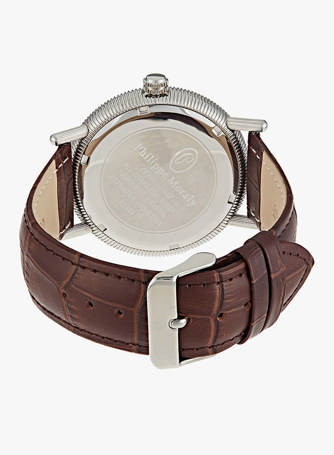 Philippe Moraly Men's Water Resistant Leather Analog Watch L1371WWO - 44 mm - Brown - Image 2