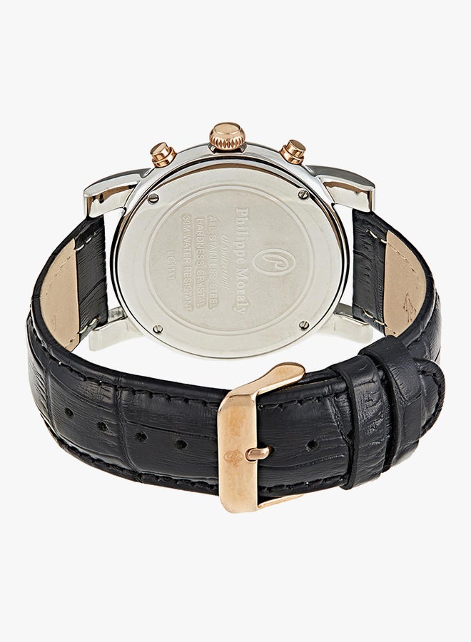 فيليب مورالي ساعة يد بعقارب وسوار من الجلد مقاومة للماء طراز LC1111CRWB - مقاس 44 مم - لون أسود للرجال - Image 2