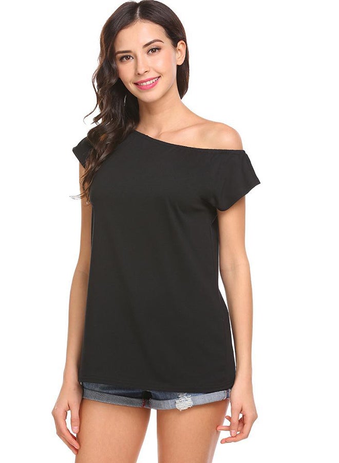 Casual One Shoulder Short Sleeve Top Black  - Image 2