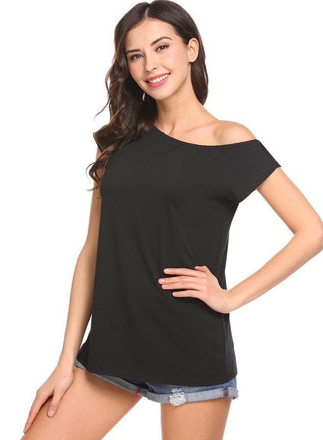 Casual One Shoulder Short Sleeve Top Black  - Image 3