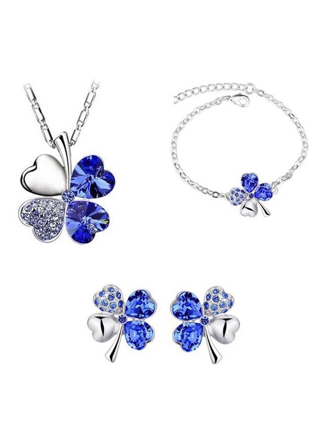 Austrian Crystal Floating Heart Pendant 4 Leaf Leaves Necklace And Earrings Set