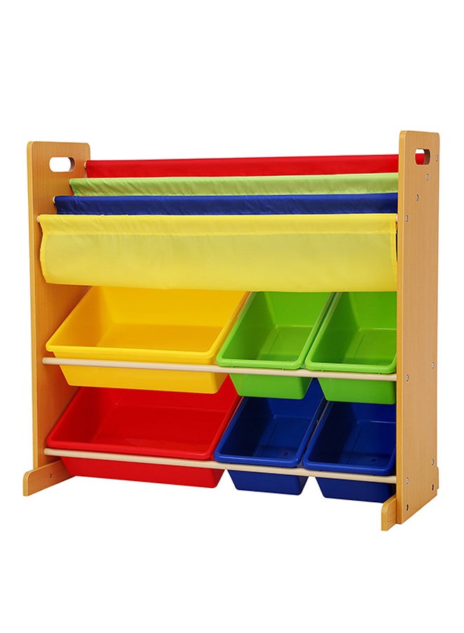 Homesmiths Homesmiths Wood Toy Organizer with Book Rack For Kids Brown Color, 6 Multicolor Bins With 4 Multicolor Sling Pocket | Perfect for Home, Play Schools and Kindergarten D26.5Cm x W86Cm x H78Cm Brown  - Image 1