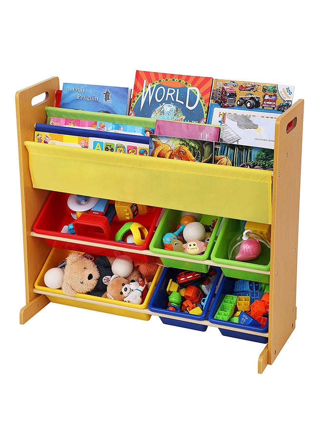 Homesmiths Homesmiths Wood Toy Organizer with Book Rack For Kids Brown Color, 6 Multicolor Bins With 4 Multicolor Sling Pocket | Perfect for Home, Play Schools and Kindergarten D26.5Cm x W86Cm x H78Cm Brown  - Image 2