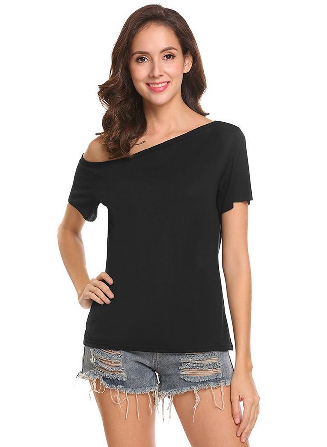 Casual One Shoulder Asymmetric Neck Short Sleeve Top Grey