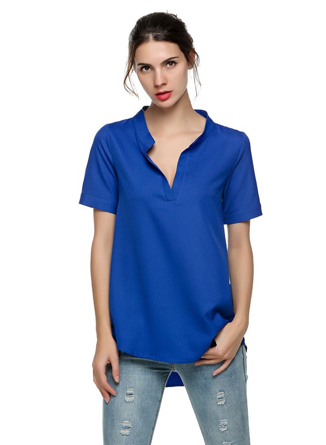 Irregular Hem Solid Loose Blouse Blue - Image 2
