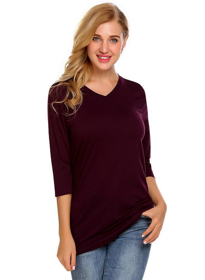 Fashion V-Neck Solid Loose Long Top Wine Red - Image 2